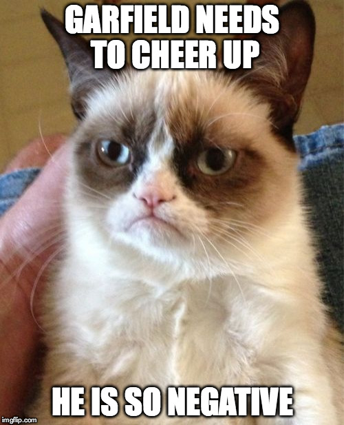 Grumpy Cat | GARFIELD NEEDS TO CHEER UP; HE IS SO NEGATIVE | image tagged in memes,grumpy cat | made w/ Imgflip meme maker
