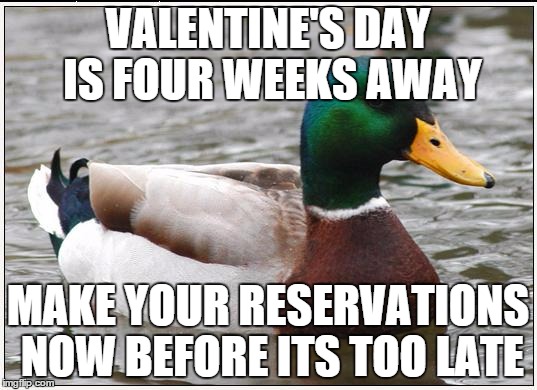 Actual Advice Mallard Meme | VALENTINE'S DAY IS FOUR WEEKS AWAY; MAKE YOUR RESERVATIONS NOW BEFORE ITS TOO LATE | image tagged in memes,actual advice mallard,AdviceAnimals | made w/ Imgflip meme maker