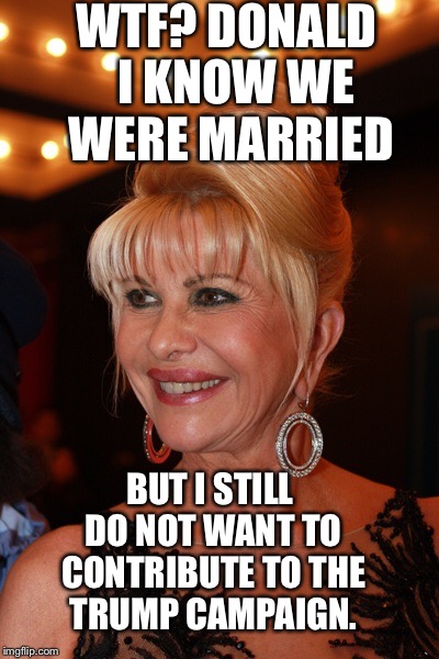 Ivana Trump |  WTF? DONALD   
I KNOW WE   WERE MARRIED; BUT I STILL DO NOT WANT TO CONTRIBUTE TO THE TRUMP CAMPAIGN. | image tagged in ivana trump,donald trump,trump,election 2016,election,gop | made w/ Imgflip meme maker