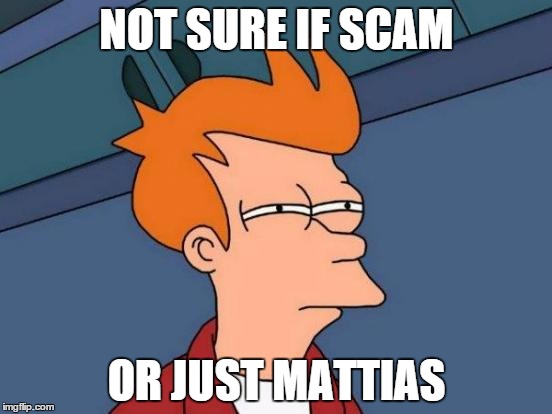 Futurama Fry | NOT SURE IF SCAM; OR JUST MATTIAS | image tagged in memes,futurama fry | made w/ Imgflip meme maker