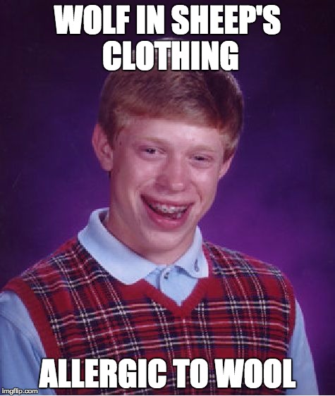 Bad Luck Brian | WOLF IN SHEEP'S CLOTHING; ALLERGIC TO WOOL | image tagged in memes,bad luck brian | made w/ Imgflip meme maker