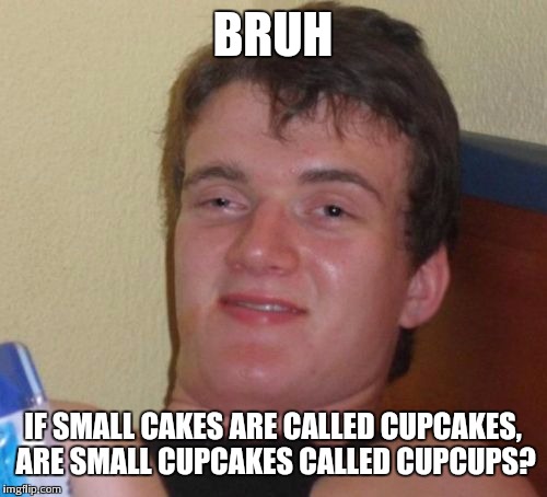 10 Guy | BRUH; IF SMALL CAKES ARE CALLED CUPCAKES, ARE SMALL CUPCAKES CALLED CUPCUPS? | image tagged in memes,10 guy | made w/ Imgflip meme maker