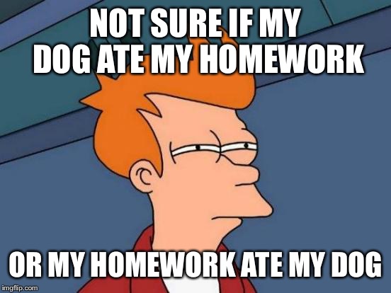 Futurama Fry Meme | NOT SURE IF MY DOG ATE MY HOMEWORK; OR MY HOMEWORK ATE MY DOG | image tagged in futurama fry,not sure if,dog,homework,eating | made w/ Imgflip meme maker