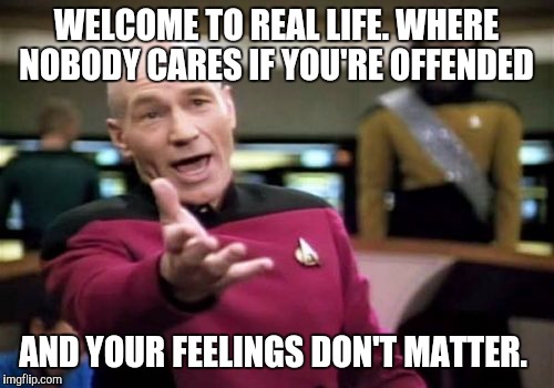 Picard Wtf | WELCOME TO REAL LIFE. WHERE NOBODY CARES IF YOU'RE OFFENDED; AND YOUR FEELINGS DON'T MATTER. | image tagged in memes,picard wtf | made w/ Imgflip meme maker