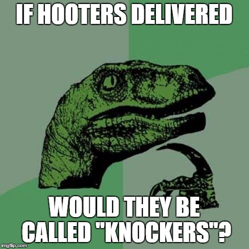 Philosoraptor Meme | IF HOOTERS DELIVERED WOULD THEY BE CALLED "KNOCKERS"? | image tagged in memes,philosoraptor | made w/ Imgflip meme maker