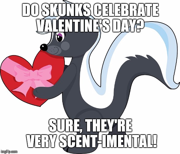 DO SKUNKS CELEBRATE VALENTINE'S DAY? SURE, THEY'RE VERY SCENT-IMENTAL! | image tagged in valentine's day | made w/ Imgflip meme maker