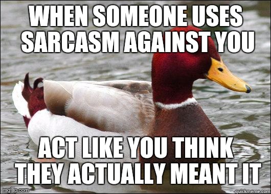 make actual bad advice mallard | WHEN SOMEONE USES SARCASM AGAINST YOU; ACT LIKE YOU THINK THEY ACTUALLY MEANT IT | image tagged in make actual bad advice mallard | made w/ Imgflip meme maker