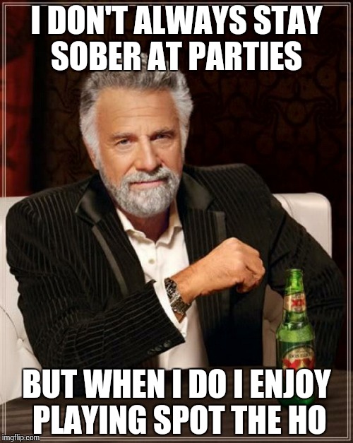 The Most Interesting Man In The World Meme | I DON'T ALWAYS STAY SOBER AT PARTIES; BUT WHEN I DO I ENJOY PLAYING SPOT THE HO | image tagged in memes,the most interesting man in the world | made w/ Imgflip meme maker