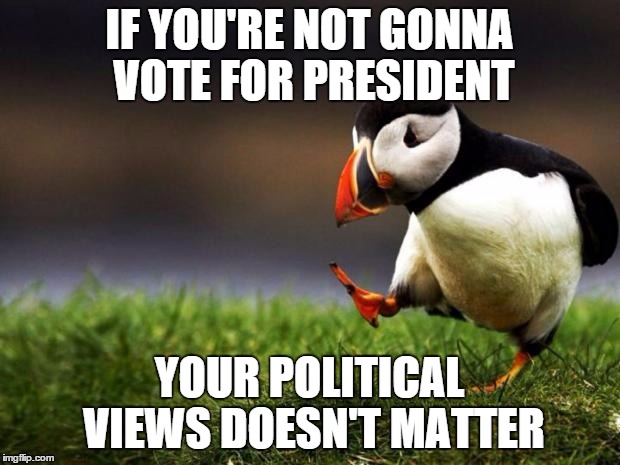 Keep'em to yourself | IF YOU'RE NOT GONNA VOTE FOR PRESIDENT; YOUR POLITICAL VIEWS DOESN'T MATTER | image tagged in memes,unpopular opinion puffin | made w/ Imgflip meme maker