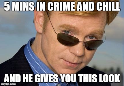 5 MINS IN CRIME AND CHILL; AND HE GIVES YOU THIS LOOK | image tagged in horatio | made w/ Imgflip meme maker