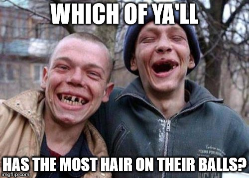 Ugly Twins Meme | WHICH OF YA'LL; HAS THE MOST HAIR ON THEIR BALLS? | image tagged in memes,ugly twins | made w/ Imgflip meme maker
