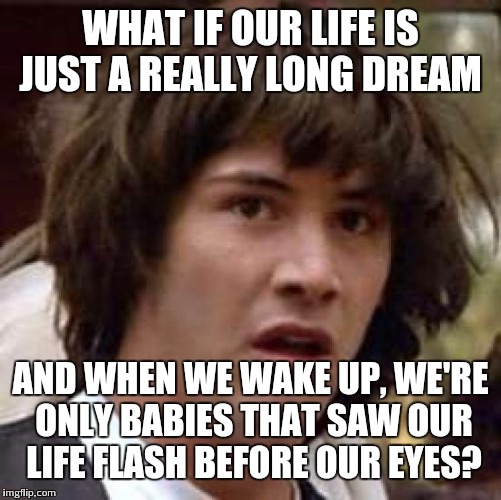 Conspiracy Keanu Meme | WHAT IF OUR LIFE IS JUST A REALLY LONG DREAM; AND WHEN WE WAKE UP, WE'RE ONLY BABIES THAT SAW OUR LIFE FLASH BEFORE OUR EYES? | image tagged in memes,conspiracy keanu | made w/ Imgflip meme maker