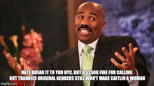 Steve Harvey | HATE BREAK IT TO YOU NYC, BUT A $250K FINE FOR CALLING OUT TRANNIES ORIGINAL GENDERS STILL WON'T MAKE CAITLIN A WOMAN | image tagged in memes,steve harvey | made w/ Imgflip meme maker