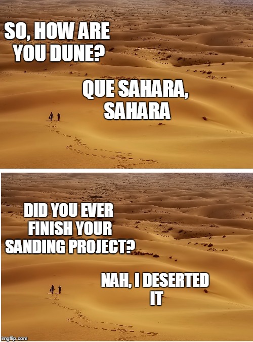 Pun in the Sun | SO, HOW ARE YOU DUNE? QUE SAHARA, SAHARA; DID YOU EVER FINISH YOUR SANDING PROJECT? NAH, I DESERTED IT | image tagged in fun in the sun,que sera sera,sahara,desert,conversation,puns | made w/ Imgflip meme maker