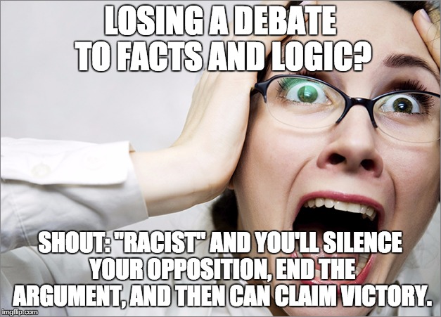 Horrified Liberal | LOSING A DEBATE TO FACTS AND LOGIC? SHOUT: "RACIST" AND YOU'LL SILENCE YOUR OPPOSITION, END THE ARGUMENT, AND THEN CAN CLAIM VICTORY. | image tagged in horrified liberal | made w/ Imgflip meme maker