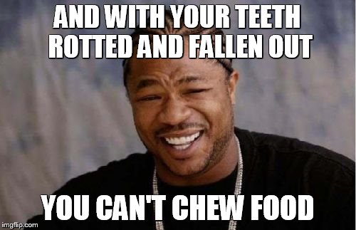 Yo Dawg Heard You Meme | AND WITH YOUR TEETH ROTTED AND FALLEN OUT YOU CAN'T CHEW FOOD | image tagged in memes,yo dawg heard you | made w/ Imgflip meme maker