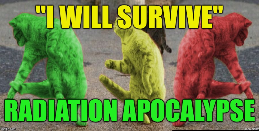 Three Dancing RayCats | "I WILL SURVIVE" RADIATION APOCALYPSE | image tagged in three dancing raycats | made w/ Imgflip meme maker