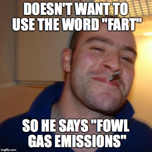 Good Guy Greg | DOESN'T WANT TO USE THE WORD "FART"; SO HE SAYS "FOWL GAS EMISSIONS" | image tagged in memes,good guy greg,funny,funny memes,fart jokes | made w/ Imgflip meme maker