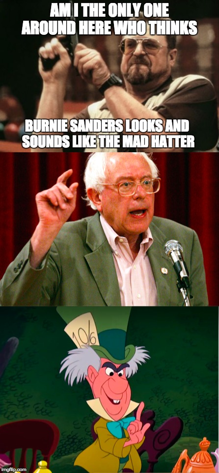 Mad Hatter burnie | AM I THE ONLY ONE AROUND HERE WHO THINKS; BURNIE SANDERS LOOKS AND SOUNDS LIKE THE MAD HATTER | image tagged in meme,memes,walter,am i the only one around here,burnie | made w/ Imgflip meme maker