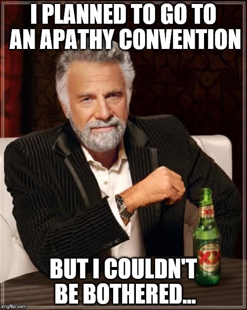 The Most Interesting Man In The World Meme | I PLANNED TO GO TO AN APATHY CONVENTION; BUT I COULDN'T BE BOTHERED... | image tagged in memes,the most interesting man in the world,apathy | made w/ Imgflip meme maker