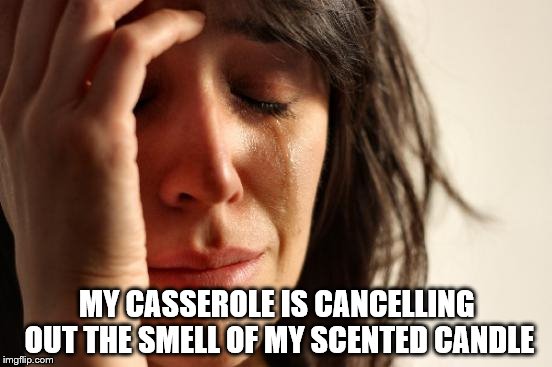 First World Problems | MY CASSEROLE IS CANCELLING OUT THE SMELL OF MY SCENTED CANDLE | image tagged in memes,first world problems,food,candles | made w/ Imgflip meme maker