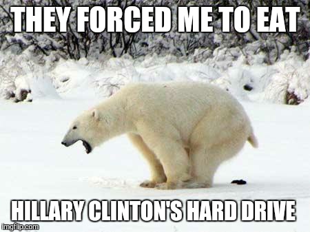 When Hillary gets indicted it will all come out in the end. | THEY FORCED ME TO EAT; HILLARY CLINTON'S HARD DRIVE | image tagged in polar bear shits in the snow | made w/ Imgflip meme maker