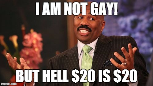 i am not gay | I AM NOT GAY! BUT HELL $20 IS $20 | image tagged in memes,steve harvey | made w/ Imgflip meme maker