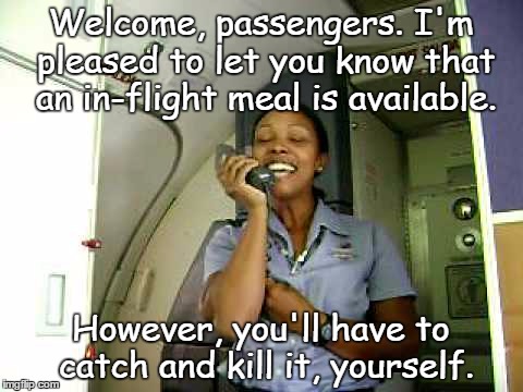 Welcome, passengers | Welcome, passengers. I'm pleased to let you know that an in-flight meal is available. However, you'll have to catch and kill it, yourself. | image tagged in welcome | made w/ Imgflip meme maker