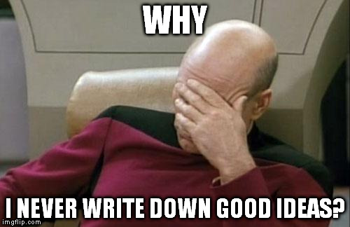 Nice, this is gonna make me rich! Wait...what was it again?...Damn!! | WHY; I NEVER WRITE DOWN GOOD IDEAS? | image tagged in memes,captain picard facepalm | made w/ Imgflip meme maker
