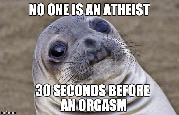 Scream the name!!! | NO ONE IS AN ATHEIST; 30 SECONDS BEFORE AN ORGASM | image tagged in memes,awkward moment sealion,atheism,mother of god,god,religious symbols | made w/ Imgflip meme maker
