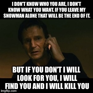 Liam Neeson Taken | I DON'T KNOW WHO YOU ARE, I DON'T KNOW WHAT YOU WANT. IF YOU LEAVE MY SNOWMAN ALONE THAT WILL BE THE END OF IT. BUT IF YOU DON'T I WILL LOOK FOR YOU, I WILL FIND YOU AND I WILL KILL YOU | image tagged in memes,liam neeson taken | made w/ Imgflip meme maker