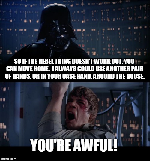 Star Wars No Meme | SO IF THE REBEL THING DOESN'T WORK OUT, YOU CAN MOVE HOME.  I ALWAYS COULD USE ANOTHER PAIR OF HANDS, OR IN YOUR CASE HAND, AROUND THE HOUSE. YOU'RE AWFUL! | image tagged in memes,star wars no | made w/ Imgflip meme maker