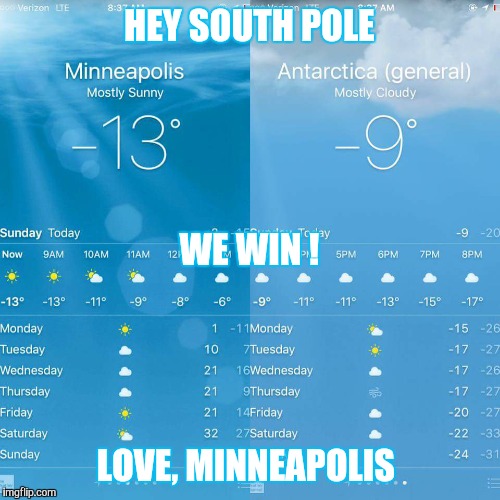 Antarctic  | HEY SOUTH POLE; WE WIN ! LOVE, MINNEAPOLIS | image tagged in cold,winner | made w/ Imgflip meme maker