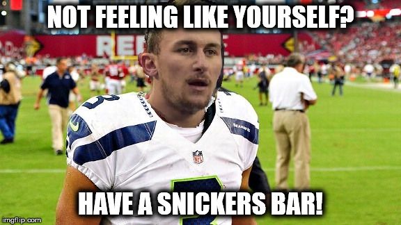 Russell Manziel | NOT FEELING LIKE YOURSELF? HAVE A SNICKERS BAR! | image tagged in football,russell wilson,johnny manziel,snickers,nfl football | made w/ Imgflip meme maker