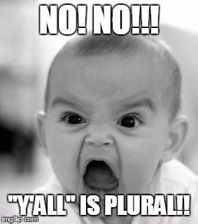 You have any damn idea how many people use it singularly?! | NO! NO!!! "Y'ALL" IS PLURAL!! | image tagged in memes,angry baby | made w/ Imgflip meme maker