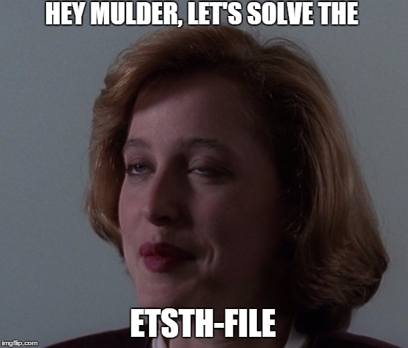 special-needs scully | HEY MULDER, LET'S SOLVE THE; ETSTH-FILE | image tagged in x-files,dana scully | made w/ Imgflip meme maker