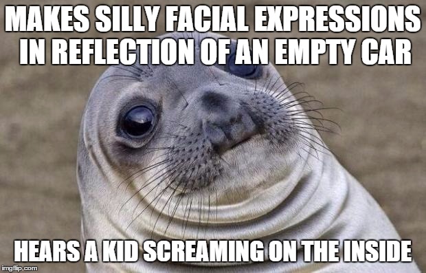 Awkward Moment Sealion | MAKES SILLY FACIAL EXPRESSIONS IN REFLECTION OF AN EMPTY CAR; HEARS A KID SCREAMING ON THE INSIDE | image tagged in memes,awkward moment sealion | made w/ Imgflip meme maker