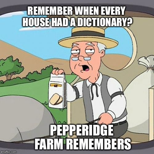 Pepperidge Farm Remembers | REMEMBER WHEN EVERY HOUSE HAD A DICTIONARY? PEPPERIDGE FARM REMEMBERS | image tagged in memes,pepperidge farm remembers | made w/ Imgflip meme maker