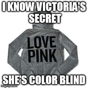 Victoria has a secret | I KNOW VICTORIA'S SECRET; SHE'S COLOR BLIND | image tagged in memes,color blind,pink,victoriasecret | made w/ Imgflip meme maker
