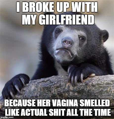 Confession Bear Meme | I BROKE UP WITH MY GIRLFRIEND; BECAUSE HER VAGINA SMELLED LIKE ACTUAL SHIT ALL THE TIME | image tagged in memes,confession bear,ConfessionBear | made w/ Imgflip meme maker