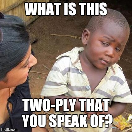 Third World Skeptical Kid | WHAT IS THIS; TWO-PLY THAT YOU SPEAK OF? | image tagged in memes,third world skeptical kid | made w/ Imgflip meme maker