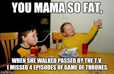Yo Mamas So Fat Meme | YOU MAMA SO FAT, WHEN SHE WALKED PASSED BY THE T.V. I MISSED 4 EPISODES OF GAME OF THRONES. | image tagged in memes,yo mamas so fat | made w/ Imgflip meme maker