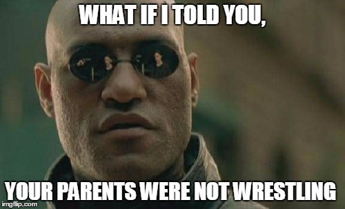 Matrix Morpheus Meme | WHAT IF I TOLD YOU, YOUR PARENTS WERE NOT WRESTLING | image tagged in memes,matrix morpheus | made w/ Imgflip meme maker