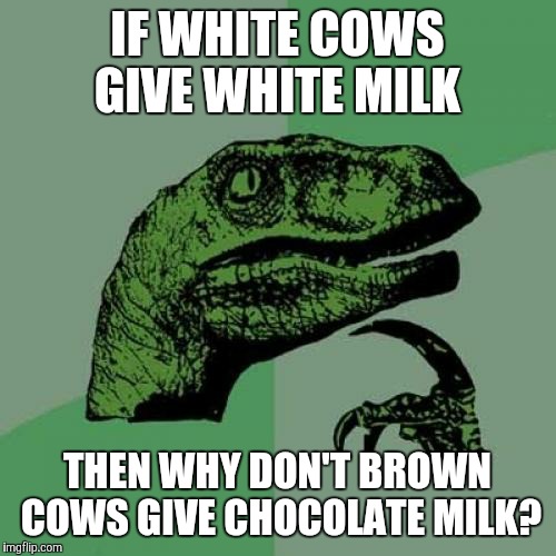 Philosoraptor | IF WHITE COWS GIVE WHITE MILK; THEN WHY DON'T BROWN COWS GIVE CHOCOLATE MILK? | image tagged in memes,philosoraptor,lol,funny,game_king | made w/ Imgflip meme maker