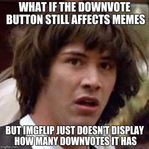 I thought of this when I saw a "Low Rated" comment that didn't have any visible votes. | WHAT IF THE DOWNVOTE BUTTON STILL AFFECTS MEMES; BUT IMGFLIP JUST DOESN'T DISPLAY HOW MANY DOWNVOTES IT HAS | image tagged in memes,conspiracy keanu | made w/ Imgflip meme maker