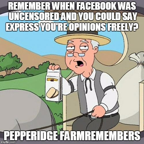 Pepperidge Farm Remembers | REMEMBER WHEN FACEBOOK WAS UNCENSORED AND YOU COULD SAY EXPRESS YOU'RE OPINIONS FREELY? PEPPERIDGE FARMREMEMBERS | image tagged in memes,pepperidge farm remembers | made w/ Imgflip meme maker