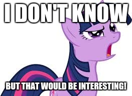 Confused Twilight Sparkle | I DON'T KNOW BUT THAT WOULD BE INTERESTING! | image tagged in confused twilight sparkle | made w/ Imgflip meme maker