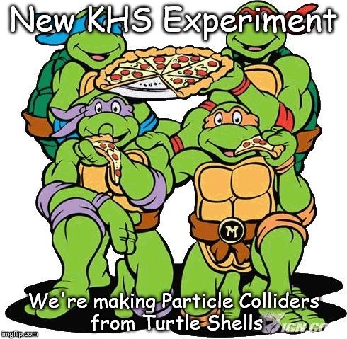 Ninja turtles | New KHS Experiment; We're making Particle Colliders from Turtle Shells | image tagged in ninja turtles | made w/ Imgflip meme maker