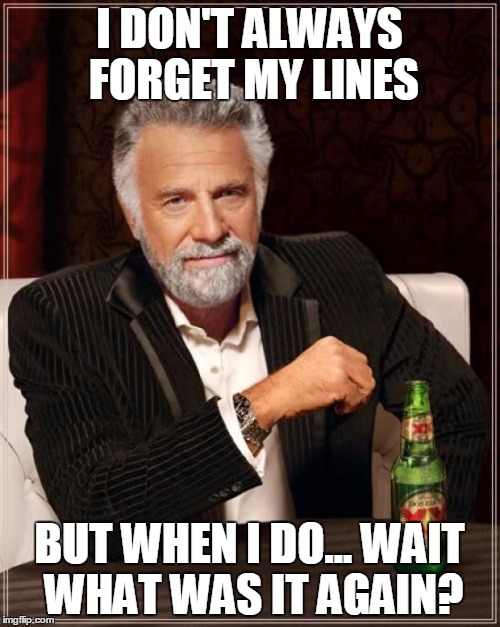 The Most Interesting Man In The World Meme | I DON'T ALWAYS FORGET MY LINES BUT WHEN I DO... WAIT WHAT WAS IT AGAIN? | image tagged in memes,the most interesting man in the world | made w/ Imgflip meme maker