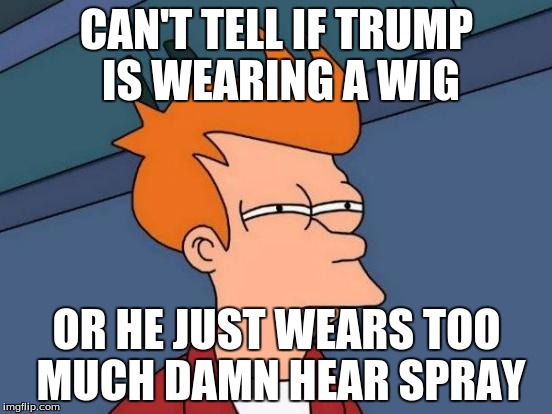 Futurama Fry Meme | CAN'T TELL IF TRUMP IS WEARING A WIG; OR HE JUST WEARS TOO MUCH DAMN HEAR SPRAY | image tagged in memes,futurama fry | made w/ Imgflip meme maker